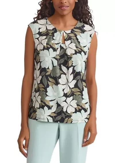 Petite Floral Printed Keyhole Neck Knit Top