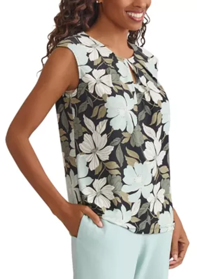 Petite Floral Printed Keyhole Neck Knit Top