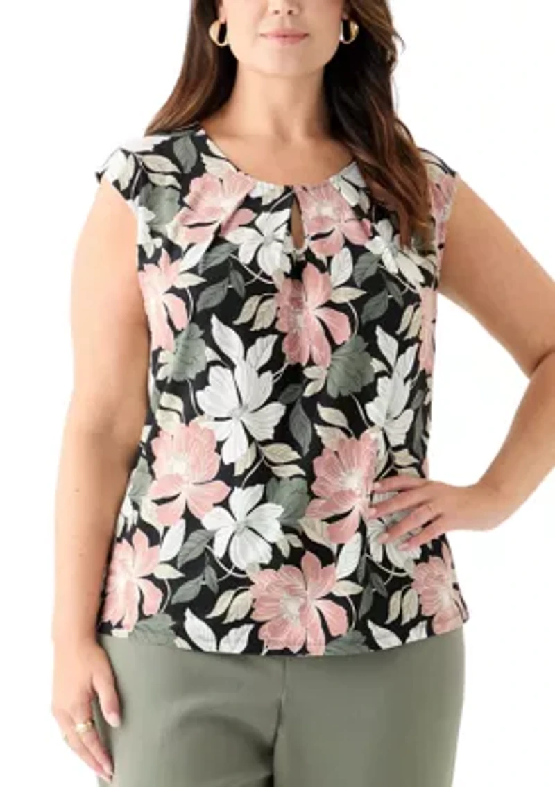 Plus Floral Print Keyhole Neck Knit Top