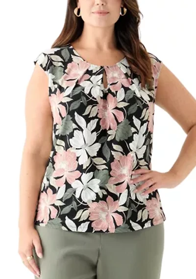 Plus Floral Print Keyhole Neck Knit Top