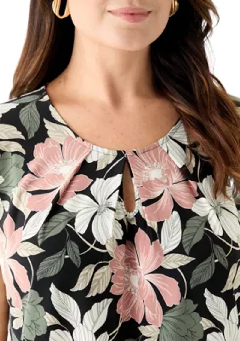 Plus Floral Print Keyhole Neck Knit Top