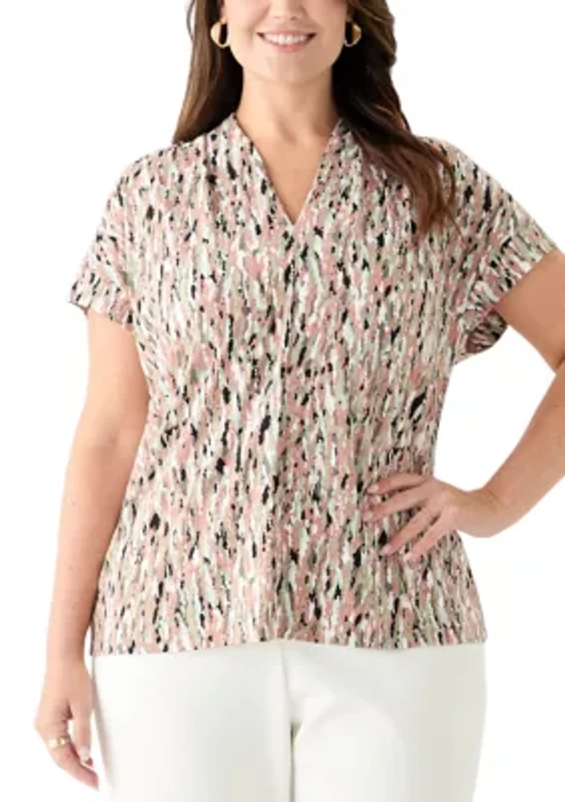Plus Multi Print V-Neck Knit Top