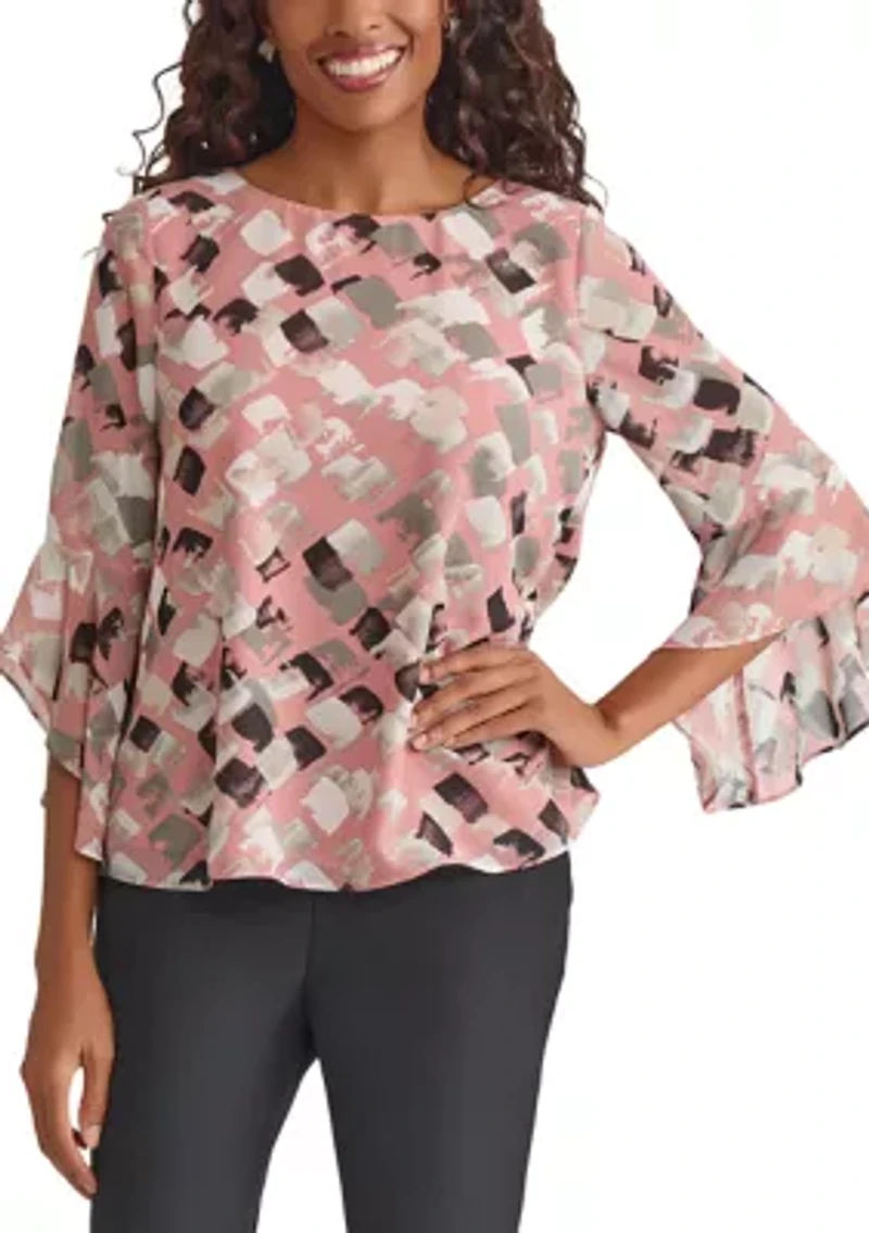 Women's Blocked Printed Ruffle Blouse