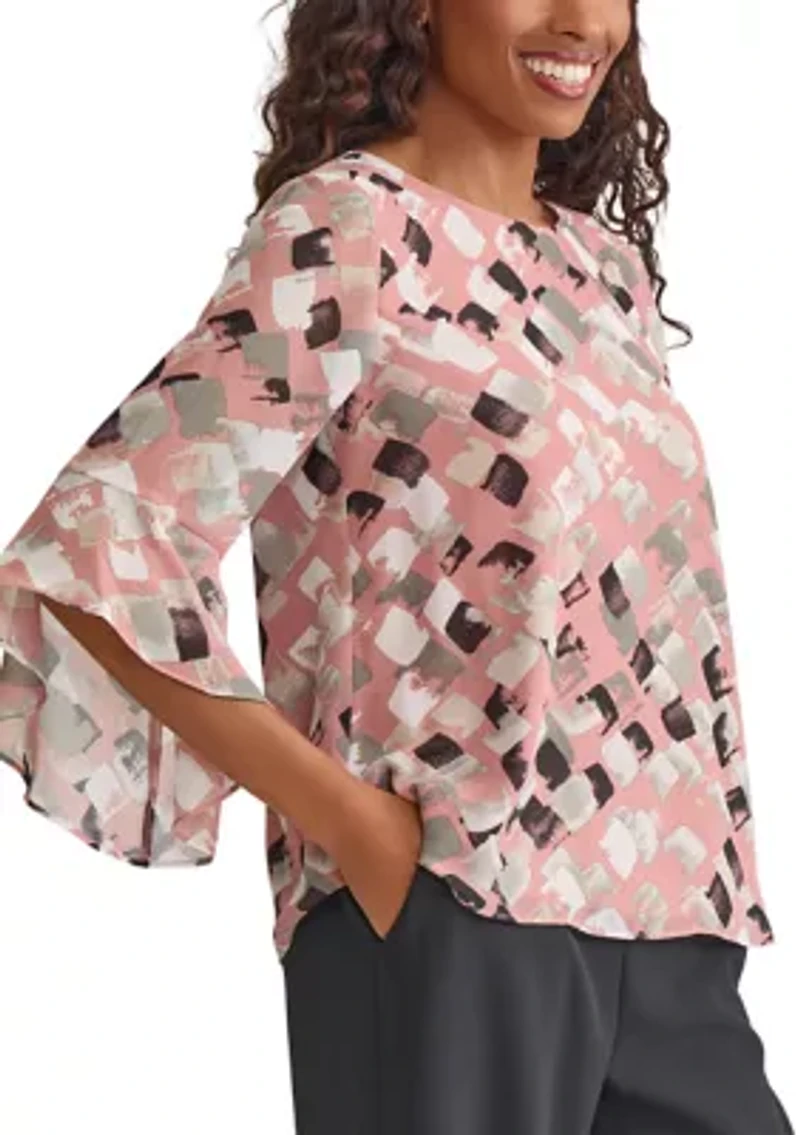 Women's Blocked Printed Ruffle Blouse