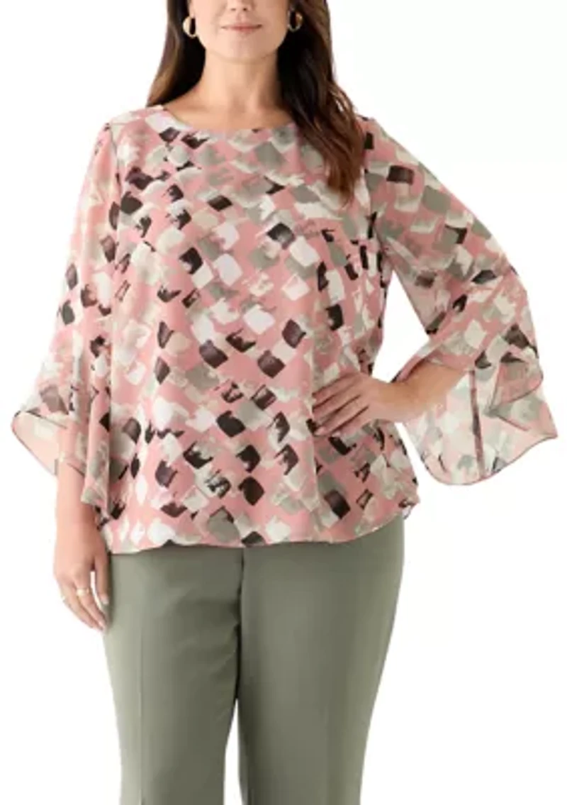 Plus Block Print Ruffle Sleeve Blouse