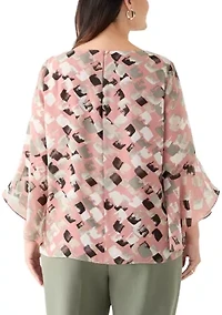 Plus Block Print Ruffle Sleeve Blouse