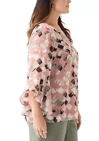 Plus Block Print Ruffle Sleeve Blouse