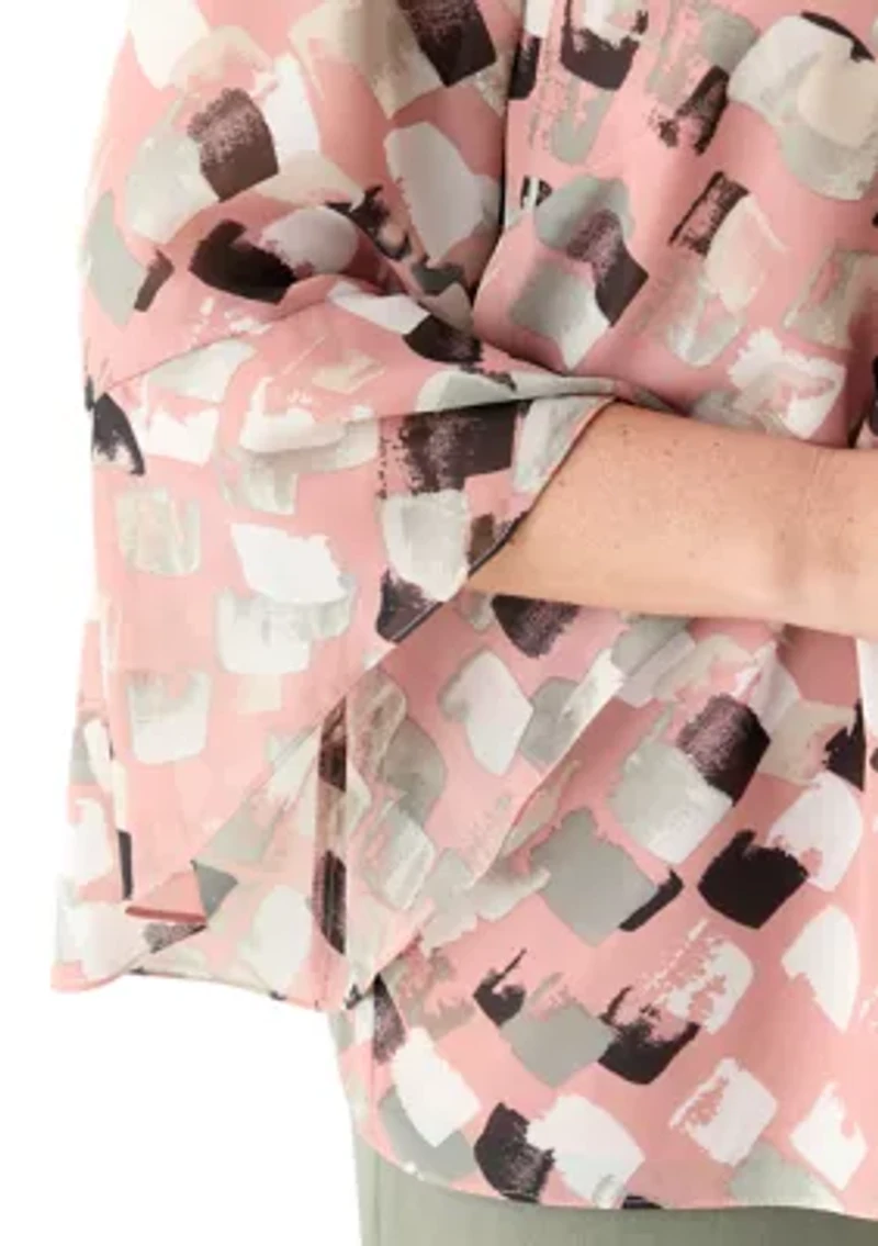 Plus Block Print Ruffle Sleeve Blouse