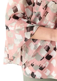 Plus Block Print Ruffle Sleeve Blouse