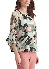 Women's Multi Floral Printed Ruffle Blouse