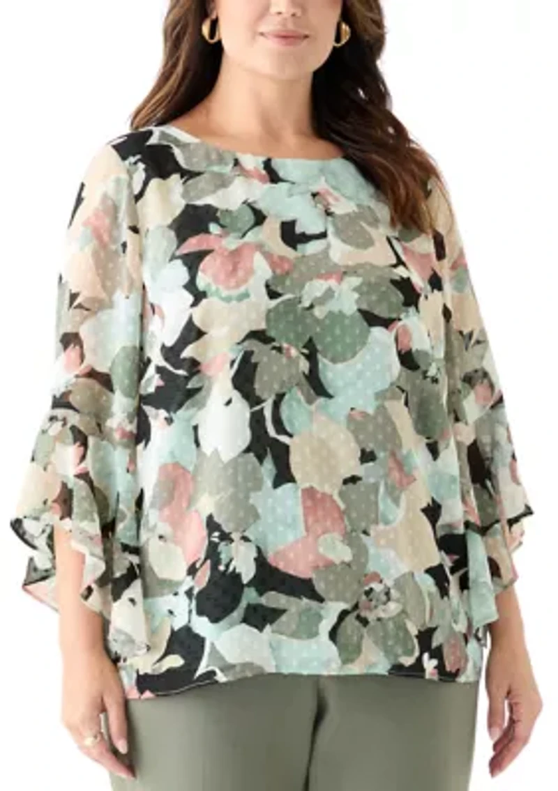 Plus Multi Floral Print Ruffle Sleeve Blouse