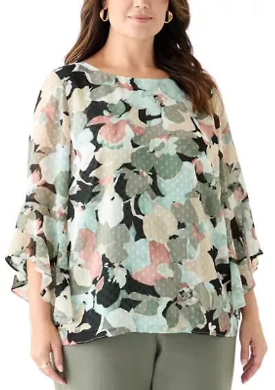 Plus Multi Floral Print Ruffle Sleeve Blouse