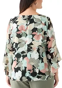 Plus Multi Floral Print Ruffle Sleeve Blouse