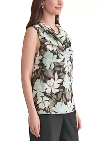 Women's Floral Printed Cowl Neck Sleeveless Blouse