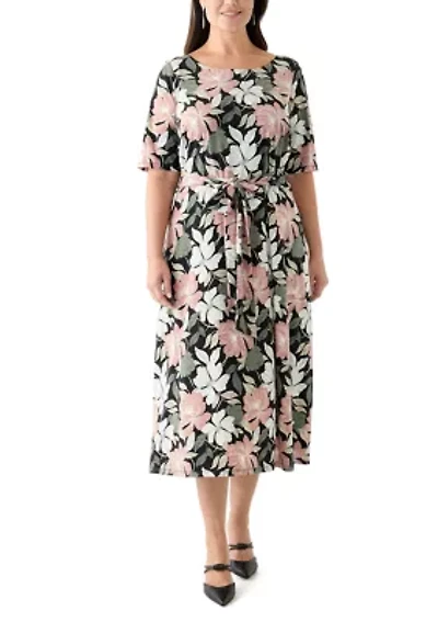 Plus Floral Print Elbow Sleeve Dress