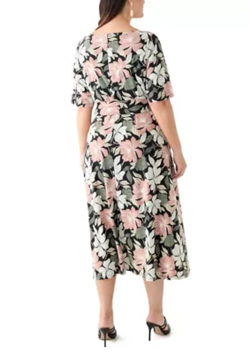Plus Floral Print Elbow Sleeve Dress