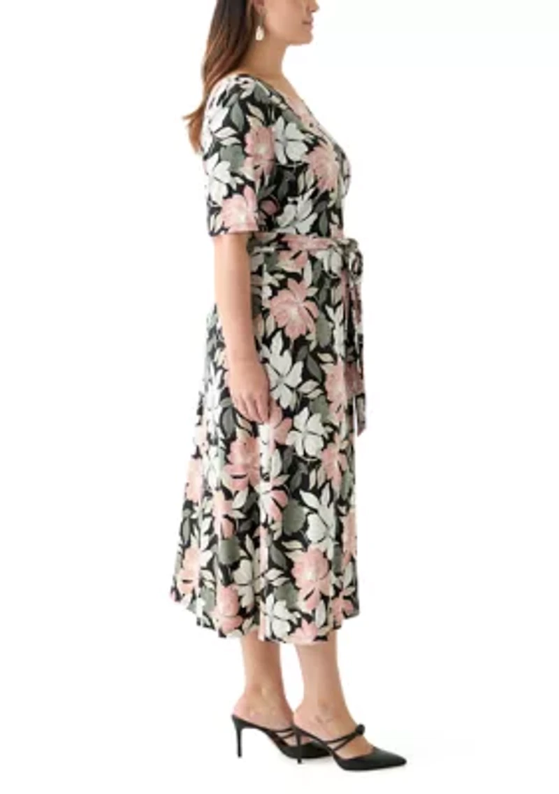 Plus Floral Print Elbow Sleeve Dress