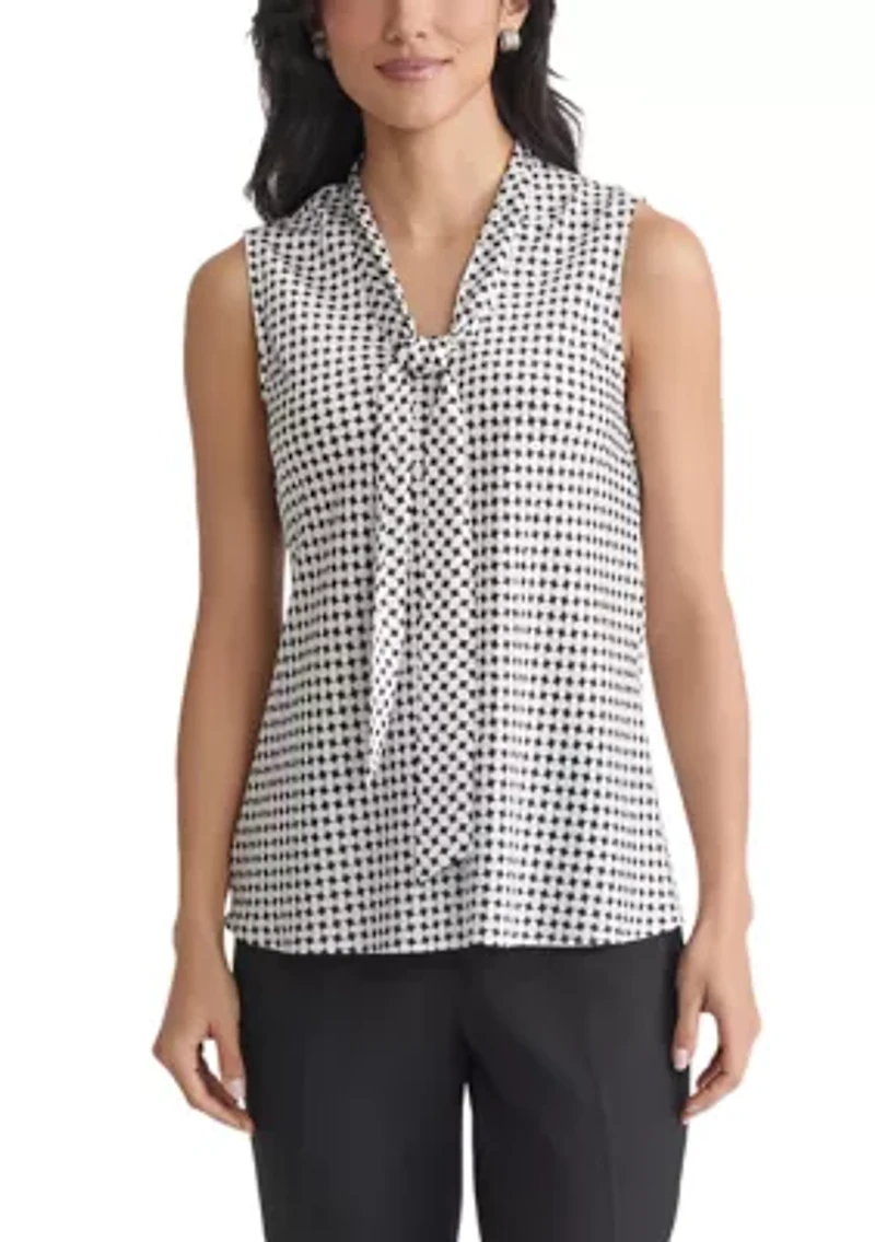 Women's Geo Printed Sleeveless Tie Neck Blouse