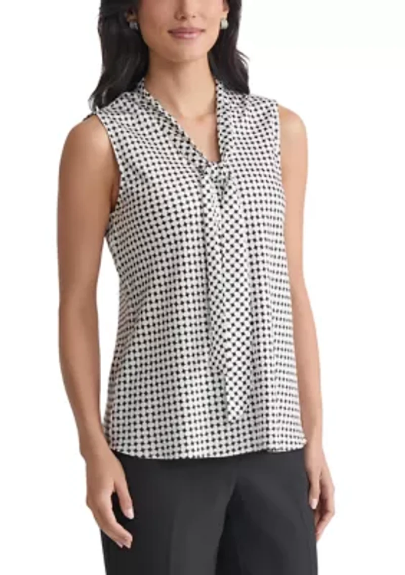 Women's Geo Printed Sleeveless Tie Neck Blouse