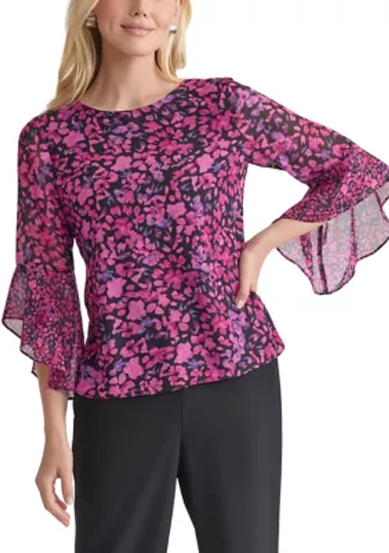 Women's Floral Printed Ruffle Bell Sleeve Blouse