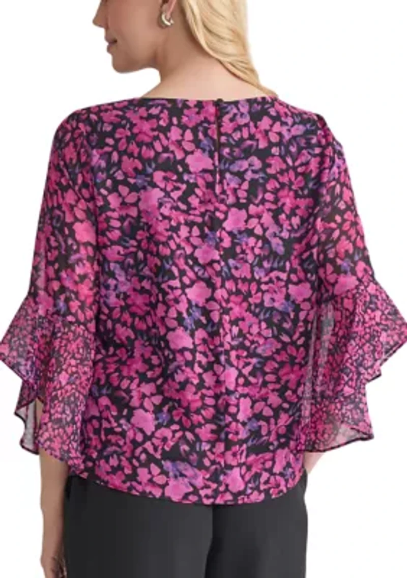 Women's Floral Printed Ruffle Bell Sleeve Blouse
