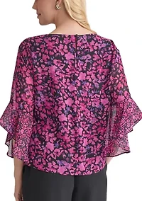 Women's Floral Printed Ruffle Bell Sleeve Blouse