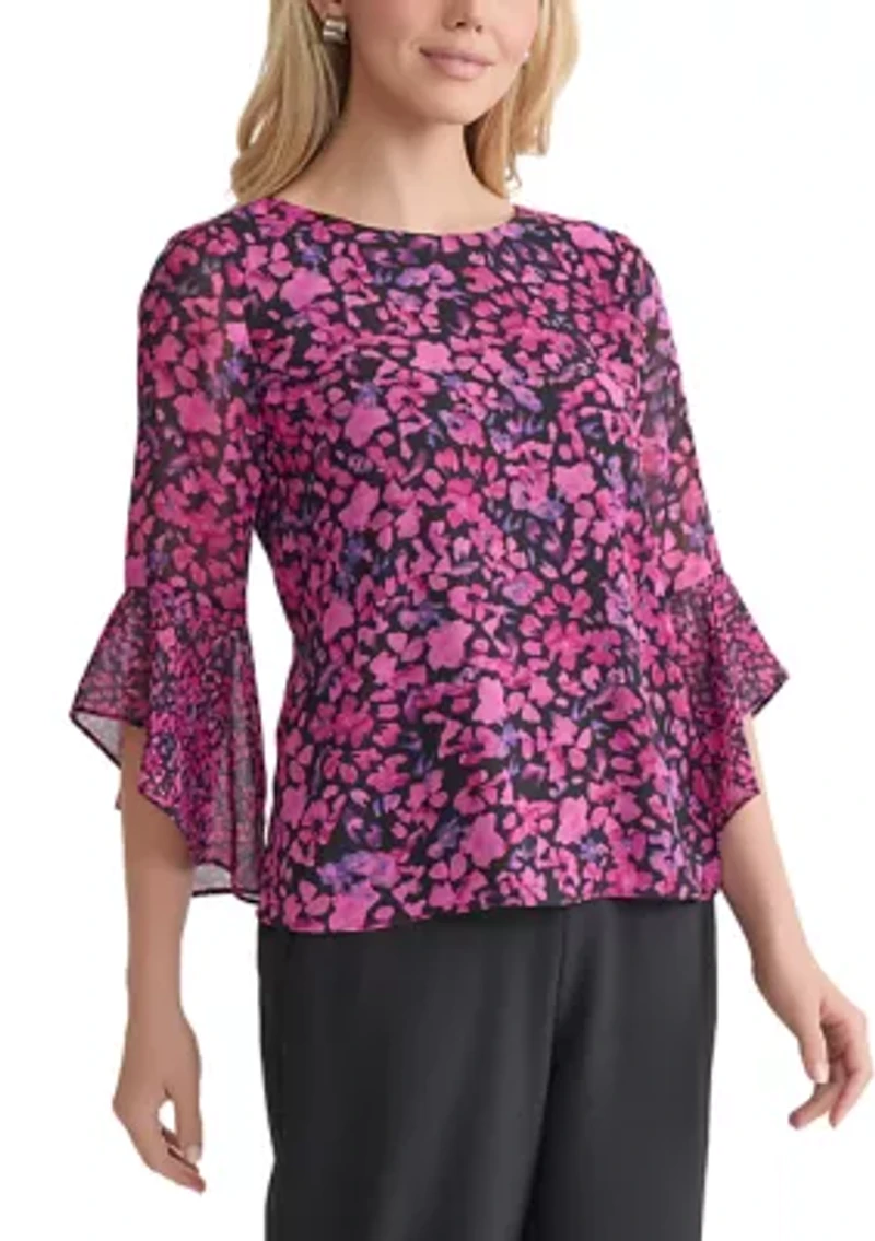 Women's Floral Printed Ruffle Bell Sleeve Blouse