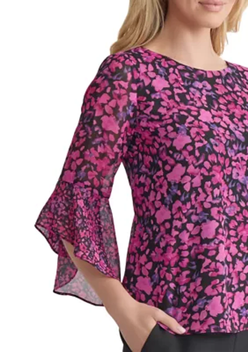 Women's Floral Printed Ruffle Bell Sleeve Blouse