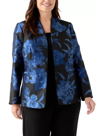 Plus Floral Jacquard Collarless Jacket
