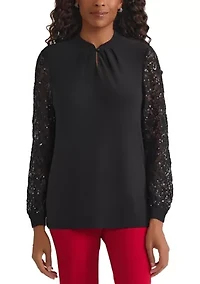 Women's Knit Top with Sequin Lace Sleeves