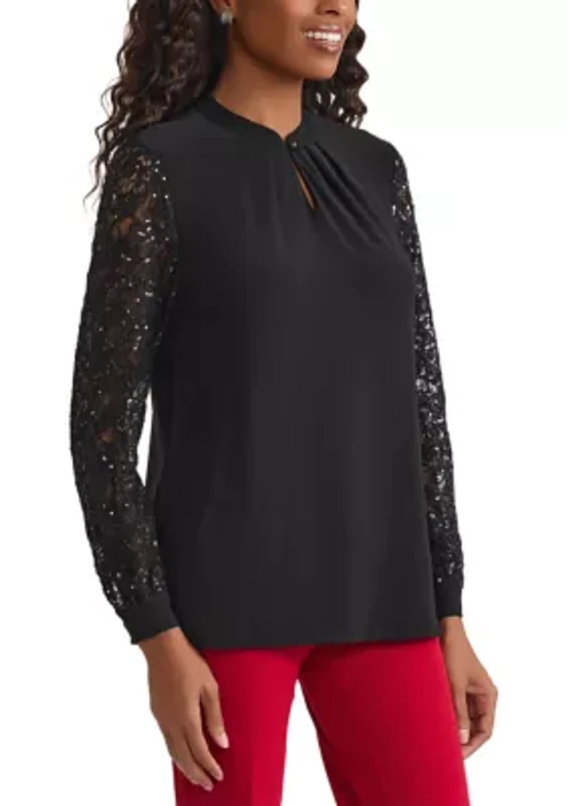 Women's Knit Top with Sequin Lace Sleeves