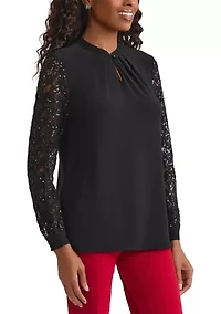 Women's Knit Top with Sequin Lace Sleeves