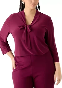 Plus 3/4 Sleeve Tie Neck Knit Top