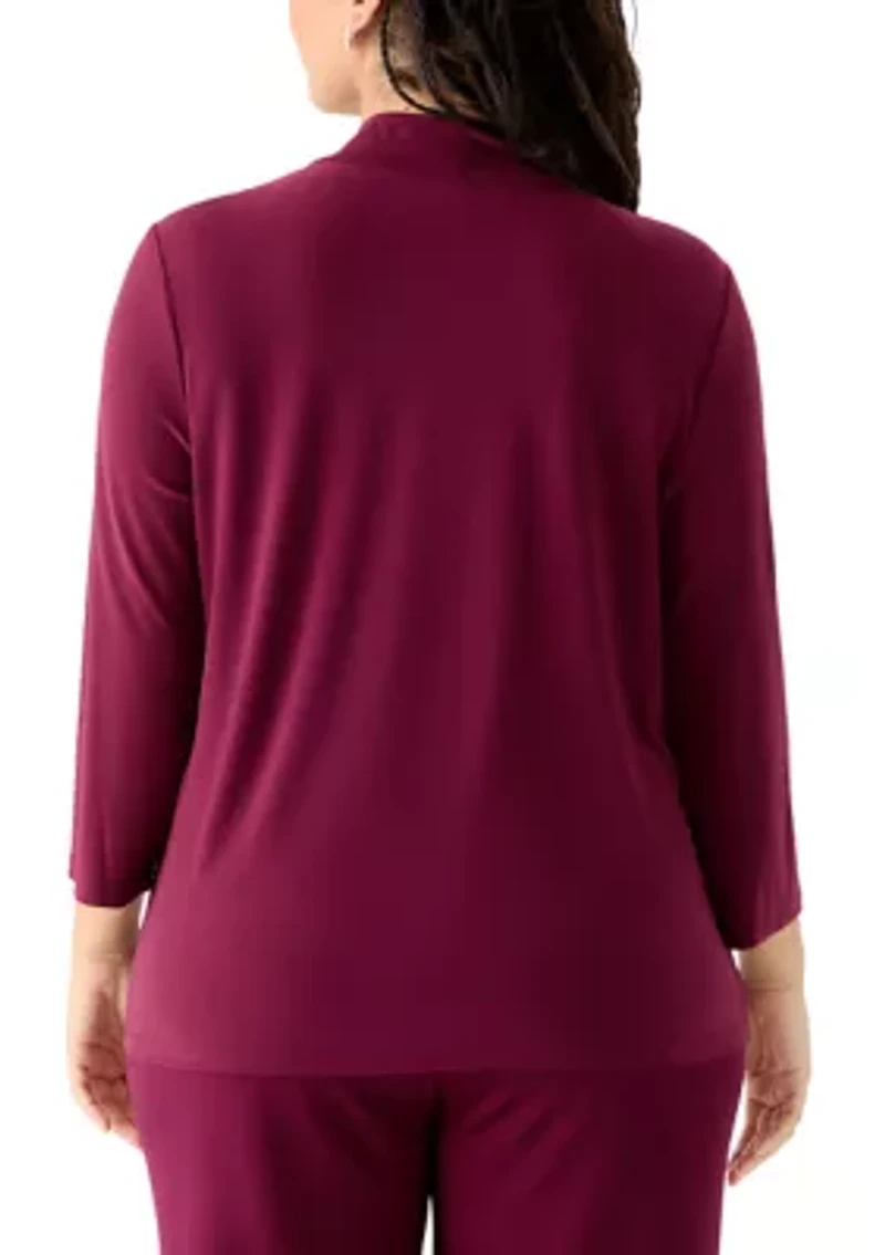 Plus 3/4 Sleeve Tie Neck Knit Top
