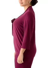 Plus 3/4 Sleeve Tie Neck Knit Top