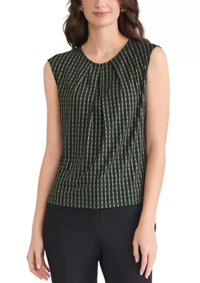 Petite Foil Print Pleat Neck Knit Top