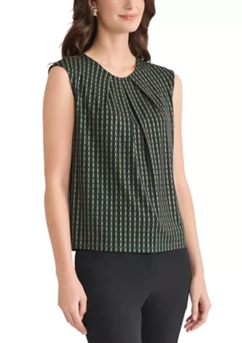Petite Foil Print Pleat Neck Knit Top