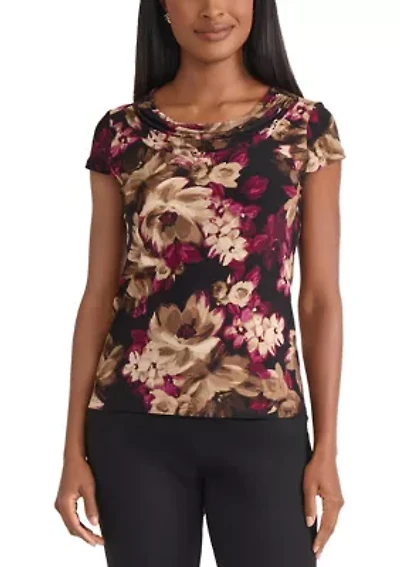 Women's Floral Print Cowl Neck Knit Top