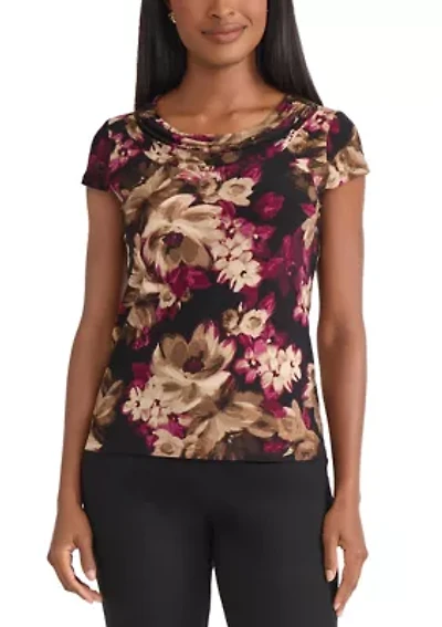 Petite Floral Print Cowl Neck Knit Top