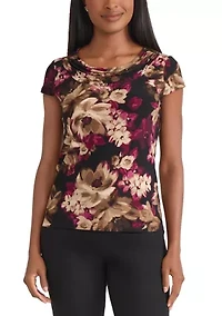 Petite Floral Print Cowl Neck Knit Top