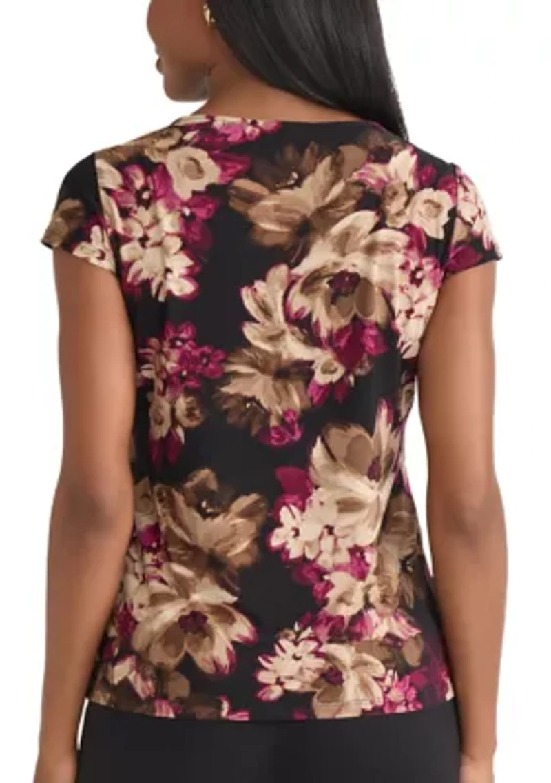 Petite Floral Print Cowl Neck Knit Top