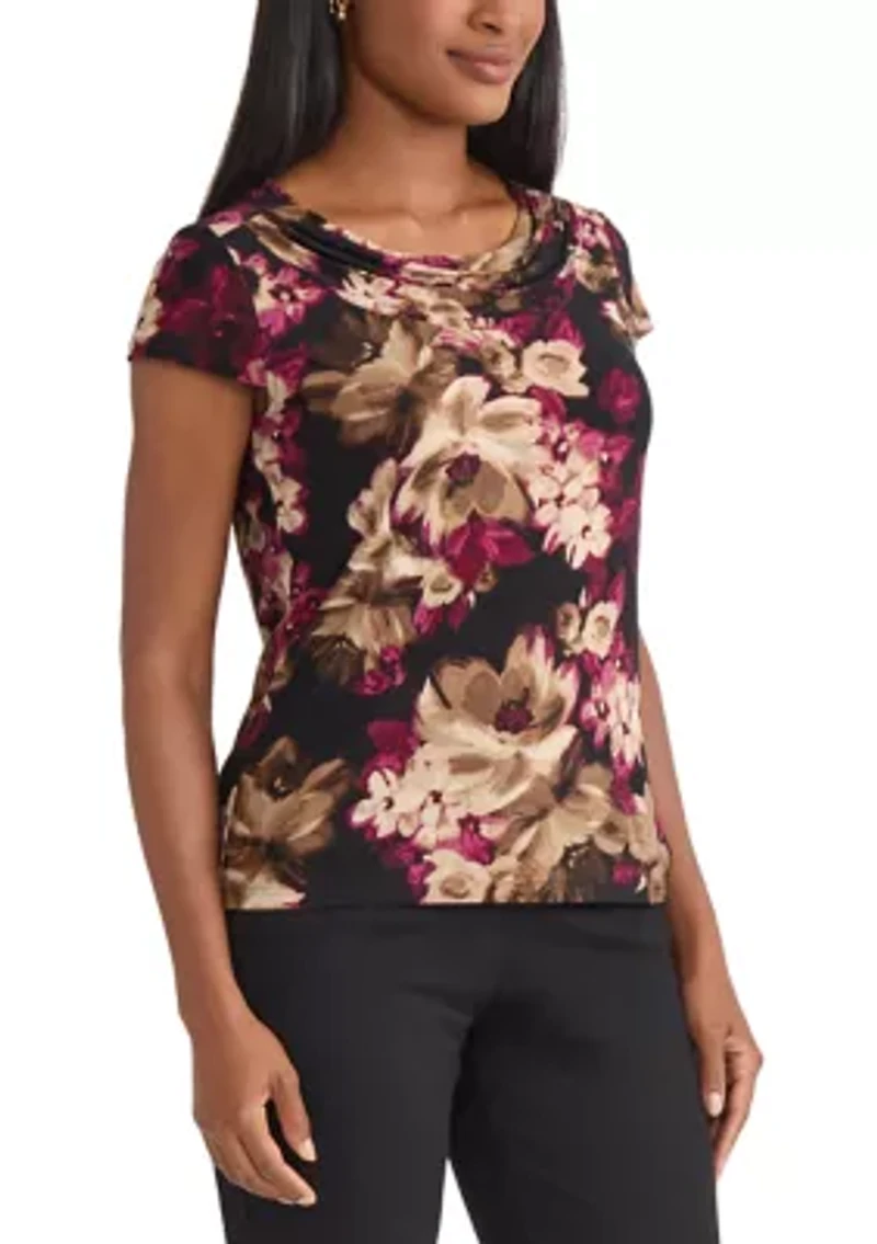 Petite Floral Print Cowl Neck Knit Top