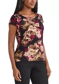 Petite Floral Print Cowl Neck Knit Top