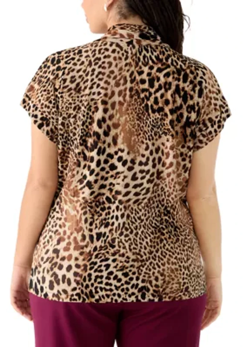 Plus Animal Print Funnel Neck Knit Top