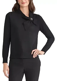 Women's Tie Neck Sweater with Brooch