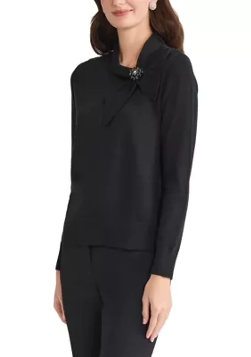 Women's Tie Neck Sweater with Brooch