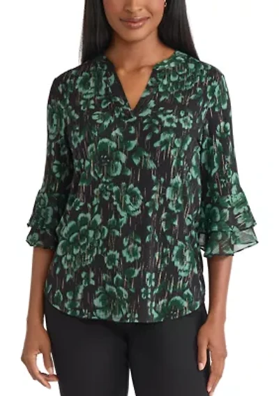 Women's Floral Print Mixed Media Knit Top