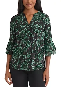 Women's Floral Print Mixed Media Knit Top