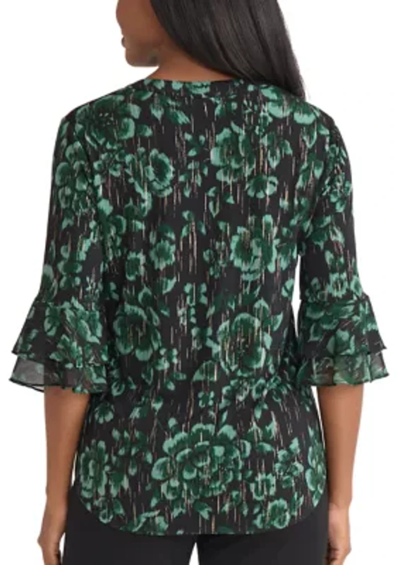 Women's Floral Print Mixed Media Knit Top