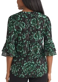 Women's Floral Print Mixed Media Knit Top